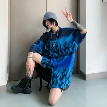 

Oversized Loose Short Sleeve flame Graphic Print Blouse Korean Streetwear Harajuku Women Man Hip Hop Punk Shirt Top Tee Blusas