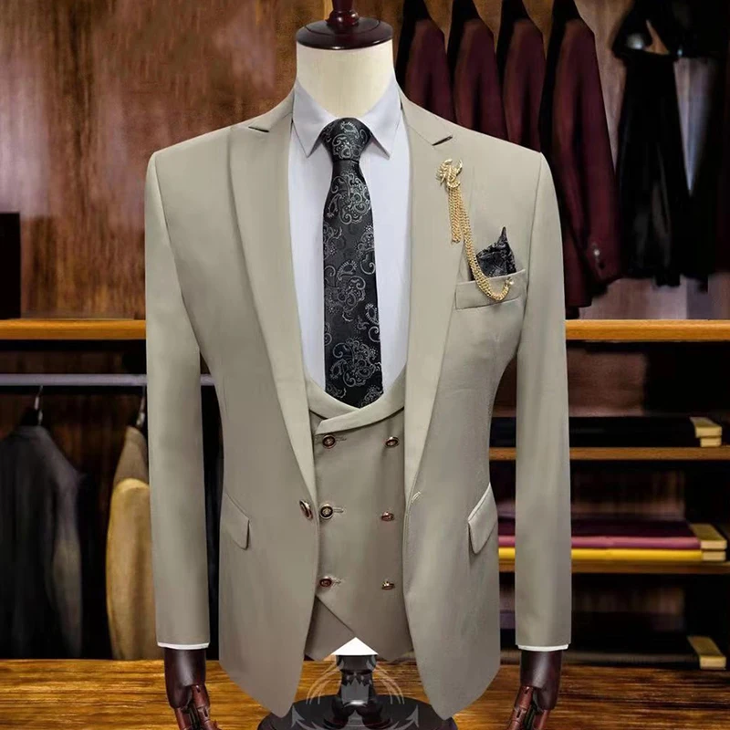 New 3 PCS Weaving Men's Suits Classic fashion Black Suits Tuexdos Wedding Party Dress Casual Slim Suit Tuexdos - Цвет: Хаки