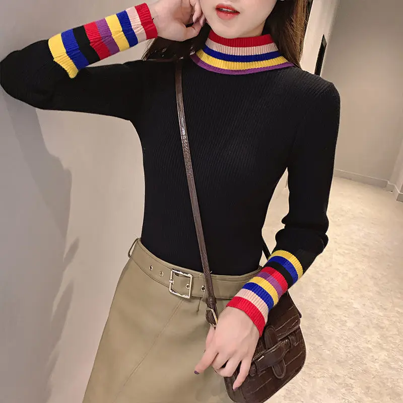 

High Quality Turtleneck Sweater Autumn Winter Slim Fit Knitted Tops Women Casual Stripe Jumpers Long Sleeve Cotton Pullovers New