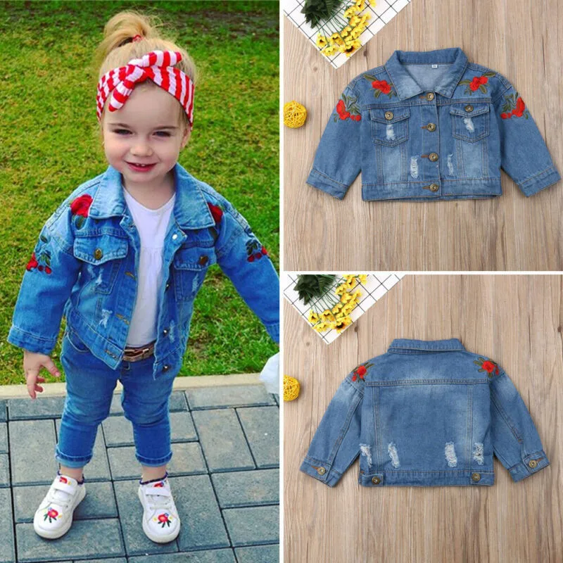 

Kids Girls Denim Jacket 2019 Spring Autumn Children Clothing Baby Girls Coat Rose Embroidered Jacket Fashion Denim Girl Clothing