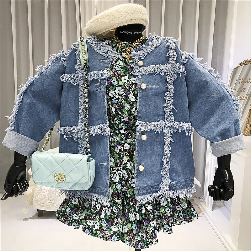 

Spring Autumn Fashion Loose Tassel O-Neck Pearl Button Denim Jacket Women's Casual Long sleeve Jeans Jacket Female Clothing New