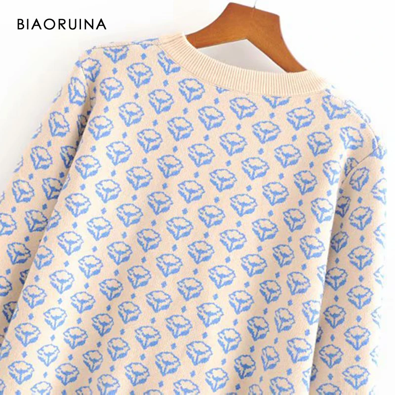 BIAORUINA, Женский жаккардовый Повседневный вязаный комплект из двух предметов с рисунком, базовый свитер, пуловер+ модная прямая вязаная юбка