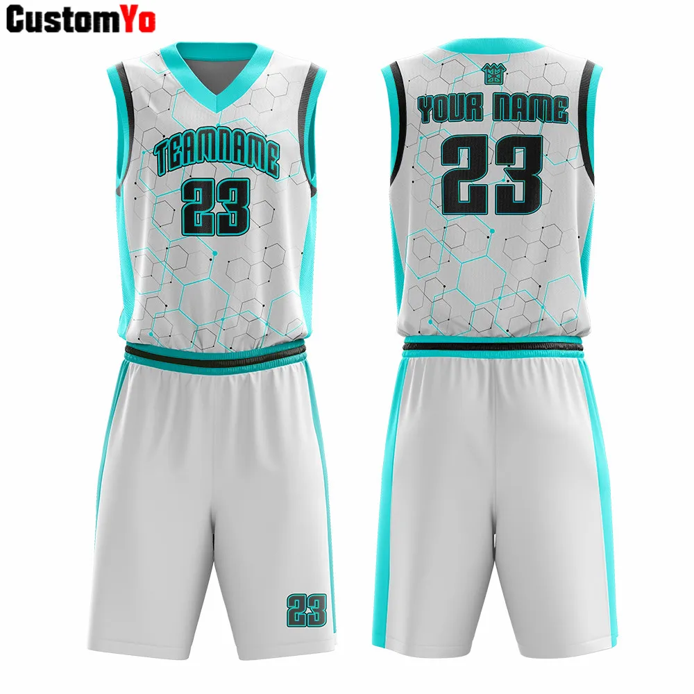Дизайн вашего собственного логотипа дешевая Тепловая Печать Клубная Баскетбольная одежда наряд - Цвет: White Cyan Blue