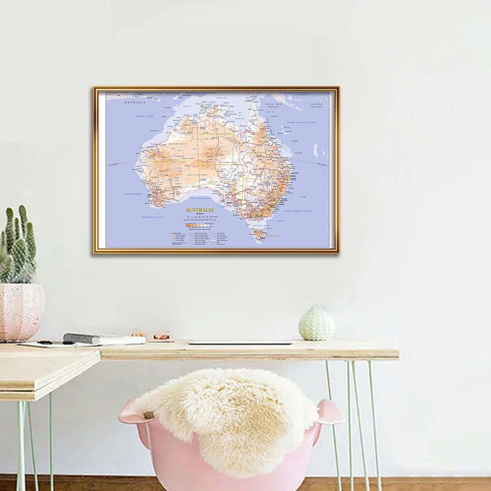 59*42cm Terrain and Traffic Route Map of The Australia Canvas Painting Wall Art Poster School Supplies Classroom Home Decoration
