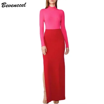 

Bevenccel Women Long Dress 2020 New Sexy Long Sleeve O Neck Split Bodycon Maxi Dress Elegant Celebrity Evening Party Dress