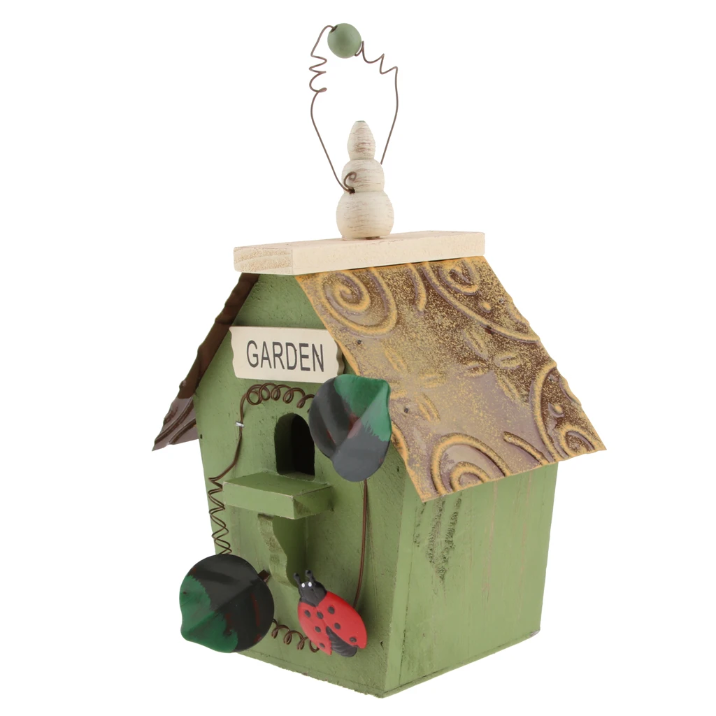 Decorative Bird House with Flower, Jute Cord, Ladybug, Hanging Garden Decoration Hanging Nest Hanging Bird House Bird Feeder