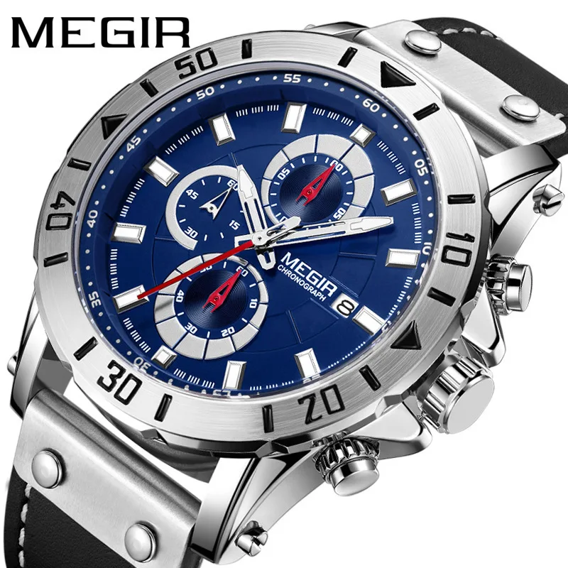 

Mei gainer megir Watch Three Chronograph Genuine Leather Versatile MEN'S Quartz Watch 2081