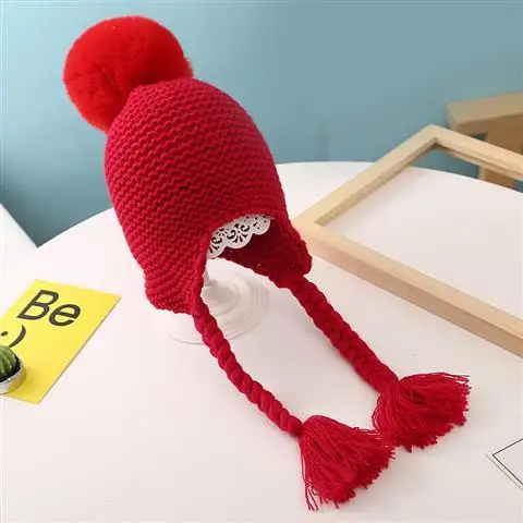 ROSE RED Детская шапка, мягкий мех ручной работы, детский чепчик, детская шапка для мальчиков и девочек, шапка с помпоном, вязаные шапки и повязки на уши, детская шапка - Цвет: ROSE RED