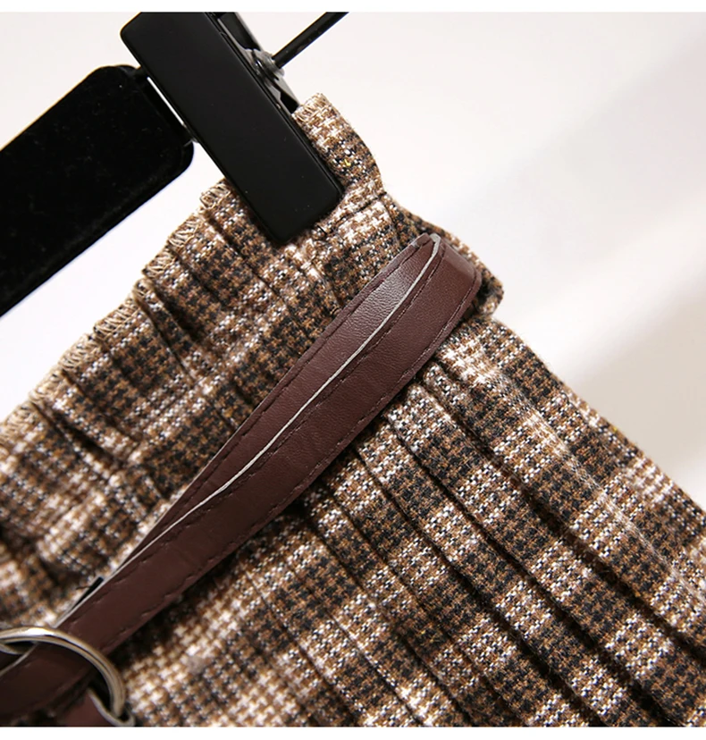 Plus Size 3XL Autumn Winter Women Wool Skirts Plaid Mid Skirts 2019 Casual Loose Ladies Office Skirts Elastic Waist Sashes (15)