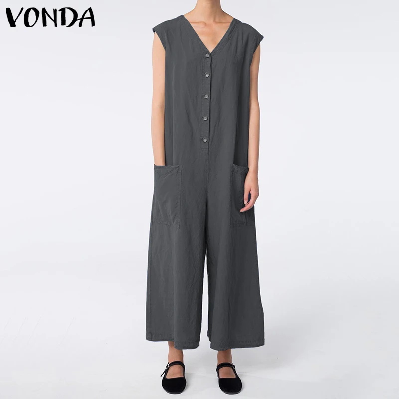 

VONDA Women Rompers Summer Jumpsuits Ankle-Length Wide Leg Pants Vintage V Neck Pockets Sleeveless Playsuits Casual Overalls 5XL