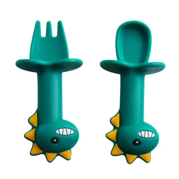 

2Pcs/Set Baby Learn Spoon Fork Set Short Easy Spoon Cartoon Dinosaur Silicone Teether Toys Anti-slip Feeding Training Utensils