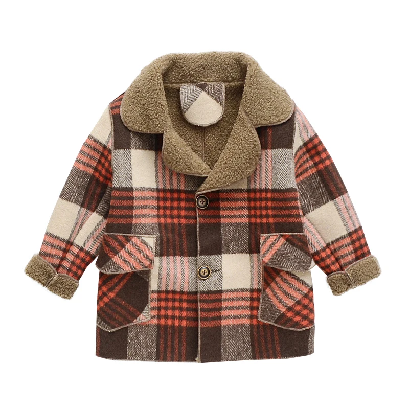 Foreign Trade Boys Tweed Coat Fall Winter Children's Casual Velvet Plaid Woolen Jacket Overcoat Baby Kids Outerwear Clothes X496