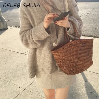 

New Casual V-neck soft knitted cardigan for woman gray single-breasted Wool autumn sweater Open Stitch knitwear winter 2020
