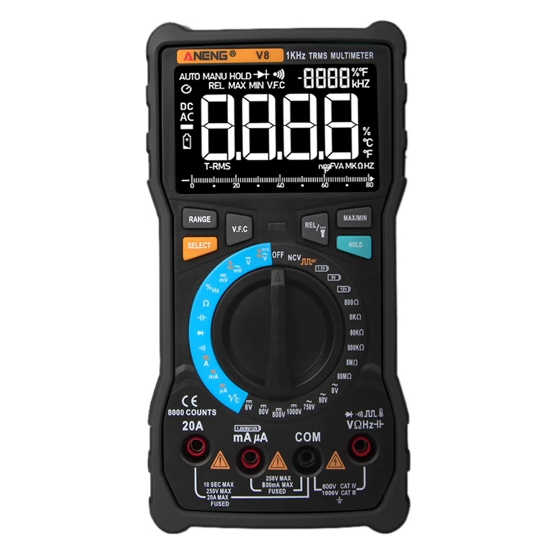 Black ANENG V8 Цифровой мультиметр Профессиональный 8000 отсчетов истинный RMS Транзистор тестер Аналоговый транзистор мультиметр - Цвет: Black