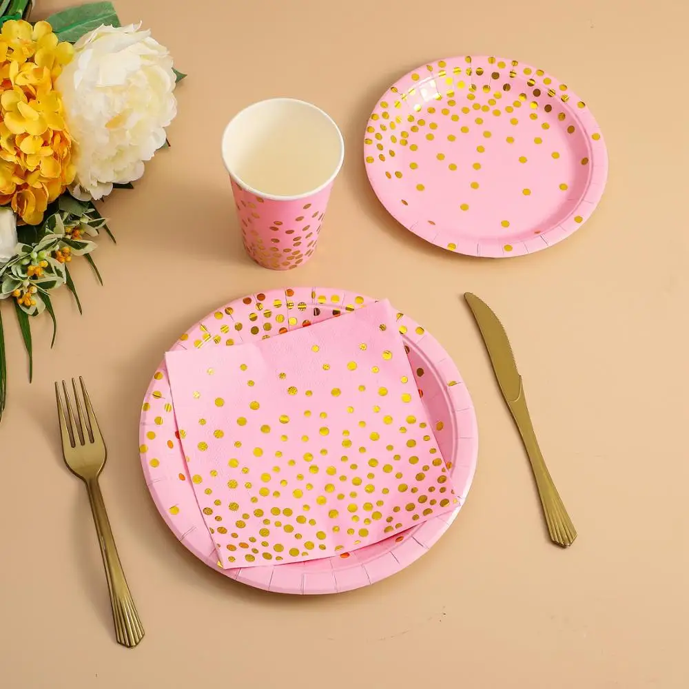 Pink and Gold Party 150PCS Disposable plate Golden Dot Dinnerware Set Anniversary Paper Plates Tableware | Дом и сад