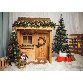 

Christmas Tree Log Cabin Snow Gifts Decors Photography Backdrop Custom Background for Baby Children Family Photoshoot Fond Photo