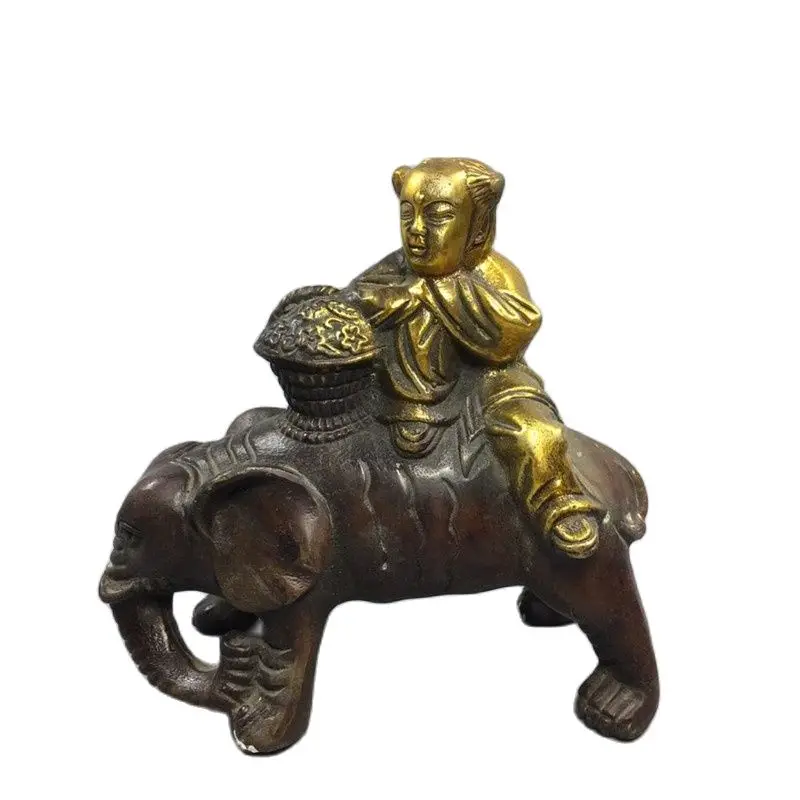 

Chinese Old Copper Collection Pure Copper Child And Elephant