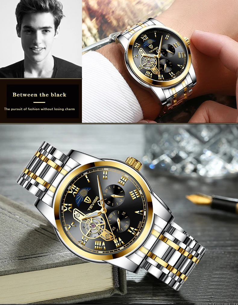 TEVISE для мужчин автоматические механические часы Moon phase нержавеющая сталь Турбийон Скелет Мужские наручные часы Топ люксовый бренд