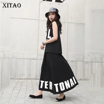 

XITAO Vintage Letter Print Women Two Piece Outfits Spring Summer Plus Size Sleeveless Vest Fashion 2 Piece Set Women DMY4000