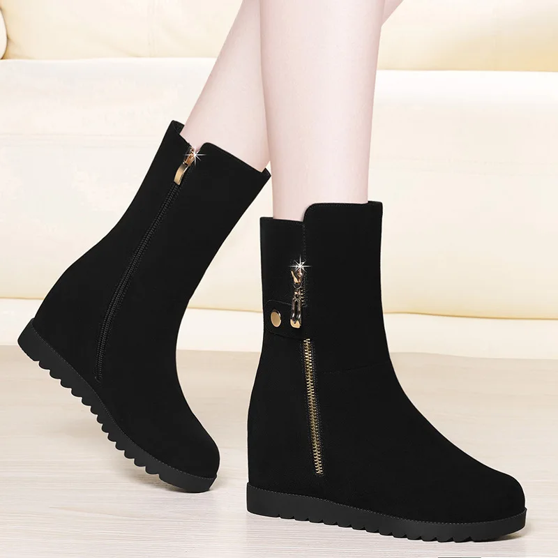 

Elevator Short Boots Women's 2019 Autumn And Winter New Style Flat Short plus Velvet Warm Cotton-padded Shoes Huidong Women's Bo