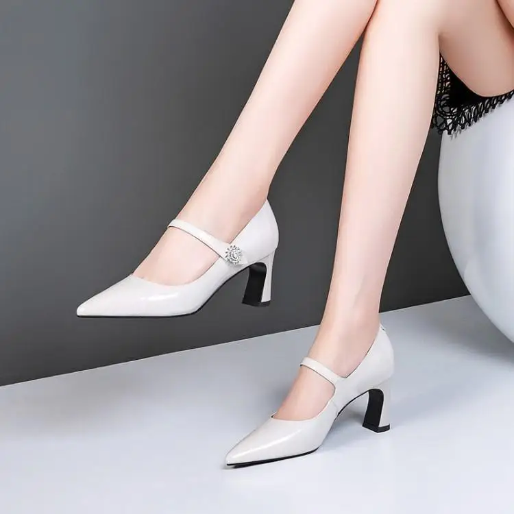 

Thick heel single shoes fall women's shoes one word buckle high heels pointed shallow mouth leather shoes head layer cowhide