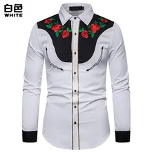Мужская рубашка Camisa Masculina, модная, стильная, с вышивкой, рубашка с длинными рукавами с вышитыми розами в американском западном стиле