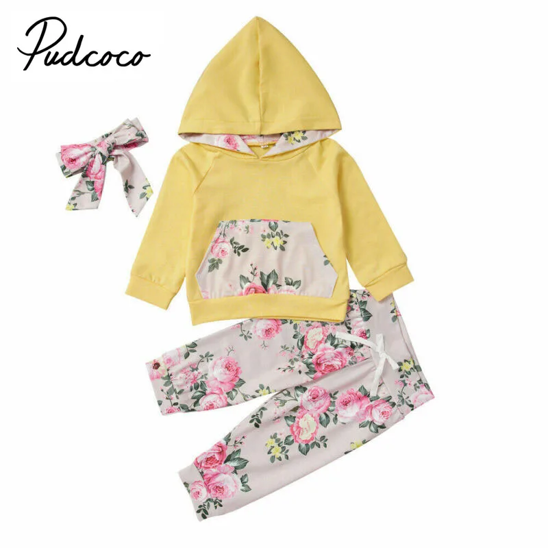 Pudcoco/3 предмета; толстовки с капюшоном и длинными рукавами для новорожденных девочек; Топы+ штаны; комплект одежды с цветочным принтом; детская одежда