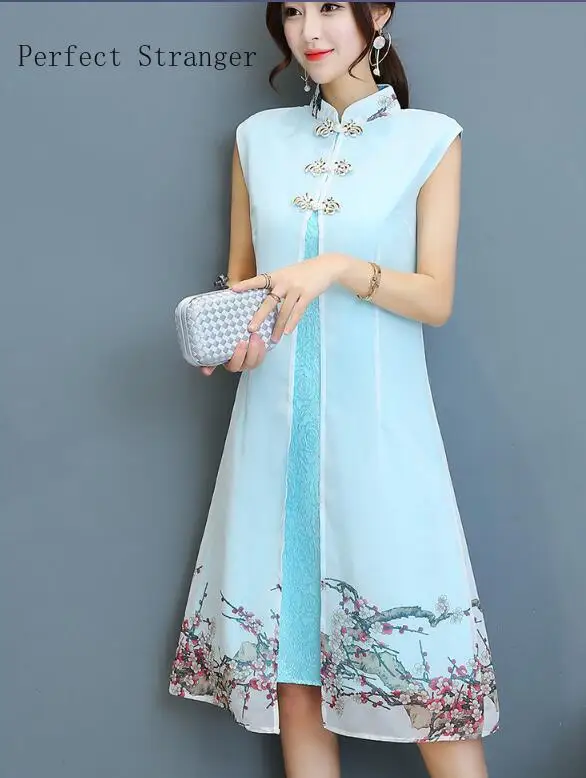 Cheongsam поддельные две части Лето Новое поступление цветок печатных женщина шифон платье