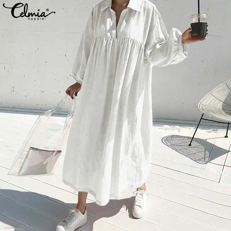 Koop Celmia Lange Shirt Jurk Vrouwen 2019 Herfst Casual Revers Lange Mouw Feestjurk Retro Geplooide Katoen Linnen Vestidos Plus Size 7