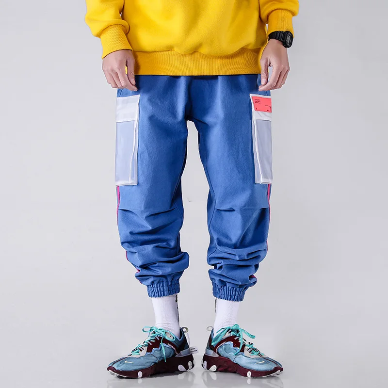 Прозрачный накладной карман неоновая вязка Мужские штаны для бега уличная пот