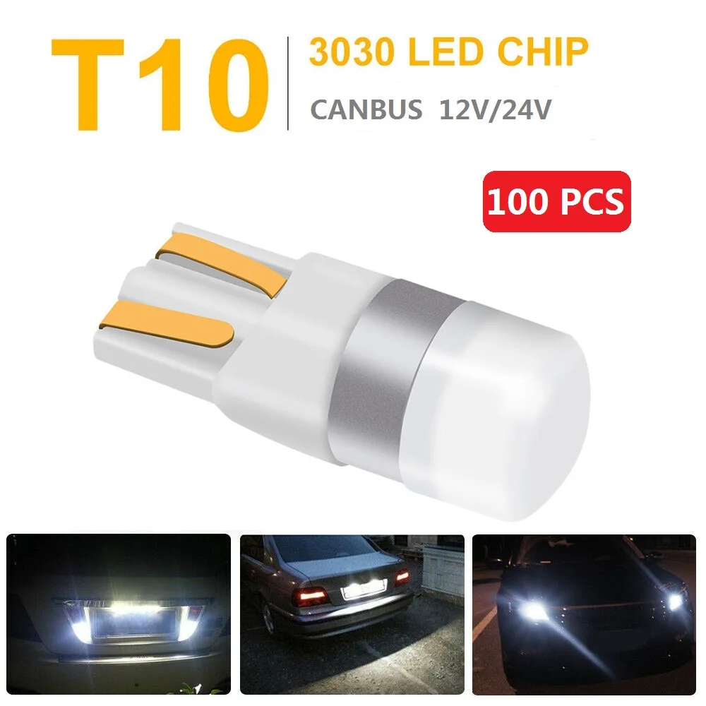 OKEEN 100pcs T10 Led Canbus W5W Led Bulbs 6000K White Signal Lamp 12V Dome Reading License Plate Light Car Interior Lights 24V