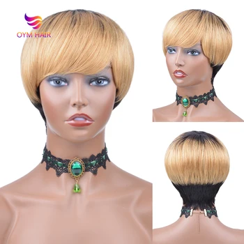 

Brazilian Blonde Wig With Bangs Pixie Cut Hair Wigs For Women Full Machine Made Wigs Ombre Short Straight Remy Human Hair Wig