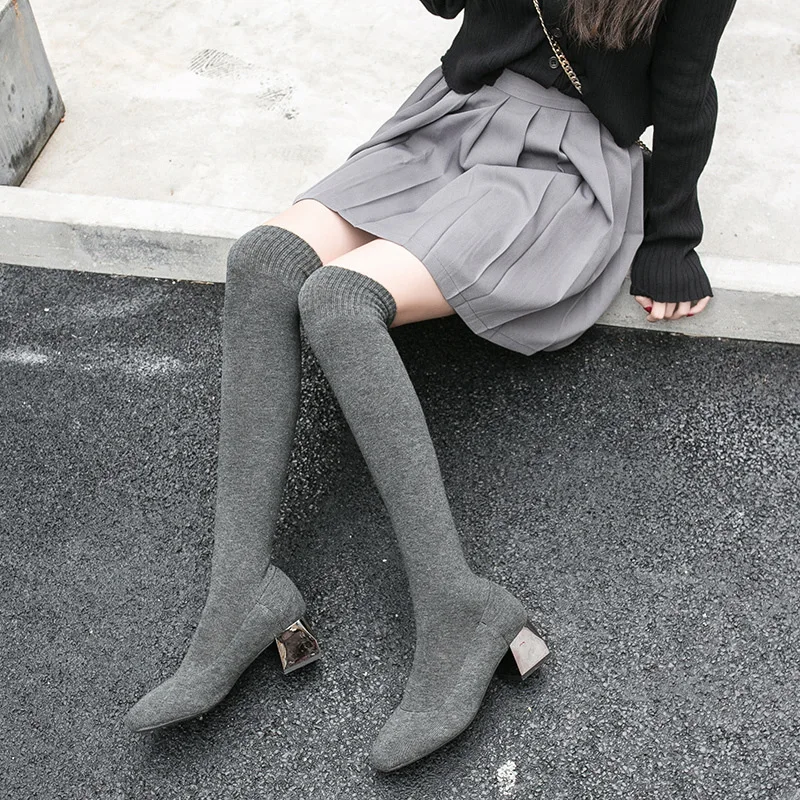 

Autumn And Winter Chunky-Heel Slip-on Breathable Wool Boots Slimming Leg-shape Care over-the-Knee Stretch Boots Women's Semi-hig