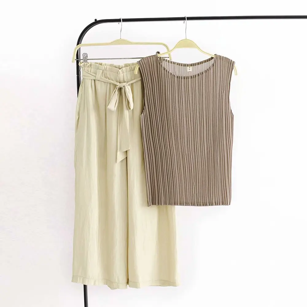 

2018 Fashion New Style Western Style Set Korean-style Fashion Pleated Sleeveless Vest + Belt Loose Pants Set S8946