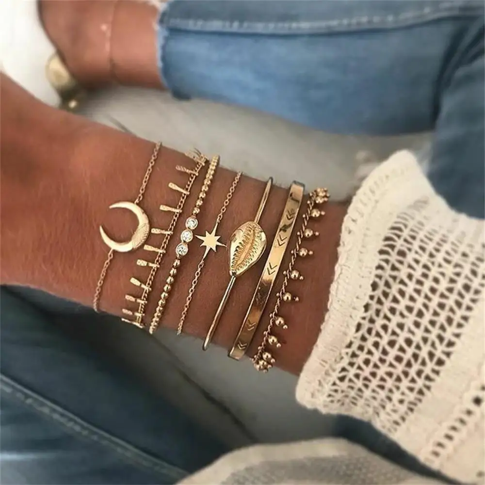 

Bohemian Women Bracelets Beads Arrows Shells Stars Geometric Fringe Moon Open Gold Bracelet Set Fashion Birthday Jewelry Gifts