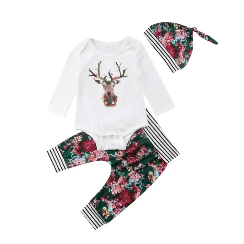 

Newborn Infant Baby Girl Boys Unisex Deer Top Rompers Jumpsuit Clothes Long Folar Pant Hat 3pcs Outfits Set Xmas Baby Clothing