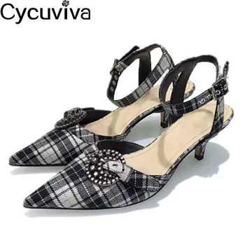 

Hot Crystal Buckle Kitten Heels Sandals Women Checked Fabric Ankle Strap Gladiator Sandals Sexy Pointed Toe Dress Shoes Woman