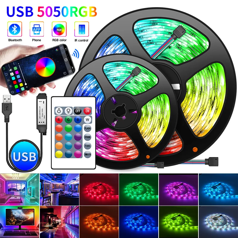 Bluetooth LED Strip Light 5V USB RGB Lights Flexible TV Backlight Lamp 5050 LED Tape Diode Phone Bluetooth APP 1-30m For Room