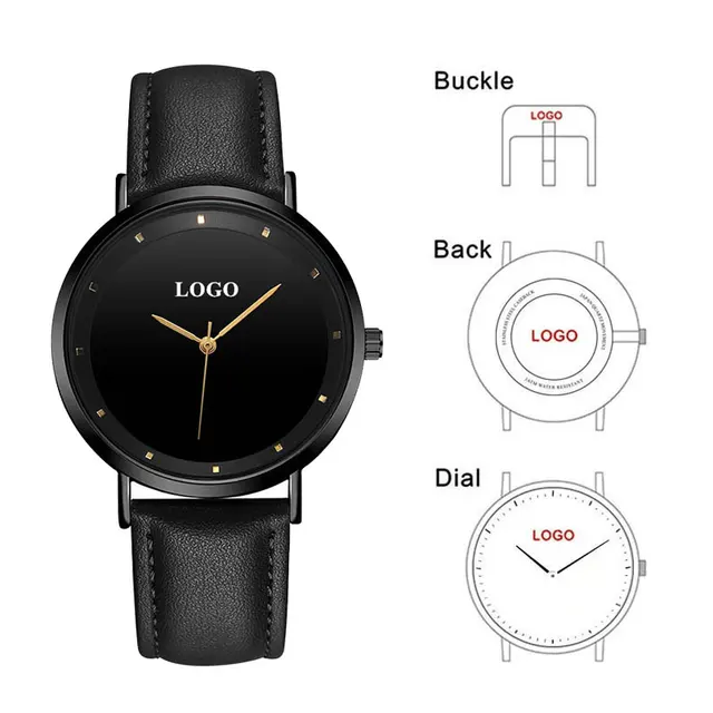 CL056 Full Black Brand Your Logo Custom Watches Genuine Leather Strap Own Logo Mens Watch Original Design reloj personalizado
