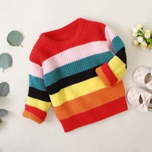 Теплые хлопковые пуловеры для маленьких девочек, свитера с радугой, зимняя Осенняя вязаная Свободная куртка для девочек, От 0 до 4 лет, детские топы