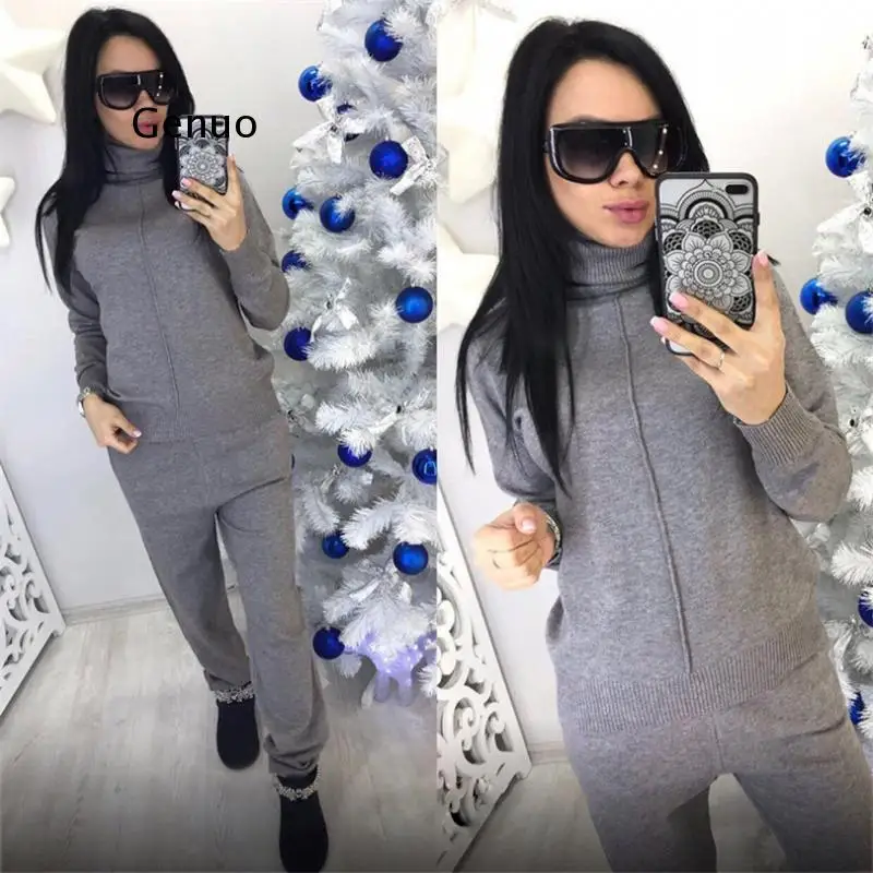 

Водолазка пуловер свитшоты трикотажные брюки комплект из двух предметов для женщин осень зима теплый вязаный спортивный костюм женский спортивный костюм