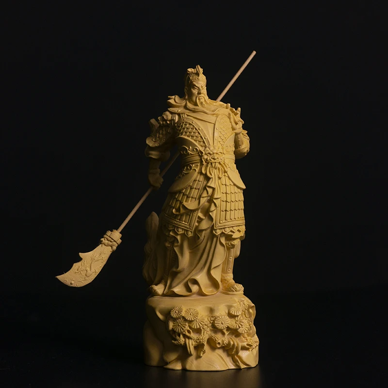 

16CM Guan Yu Boxwood Sculpture Feng Shui Real Wood Guan Gong Statue Three Kingdoms Figure Home Decor