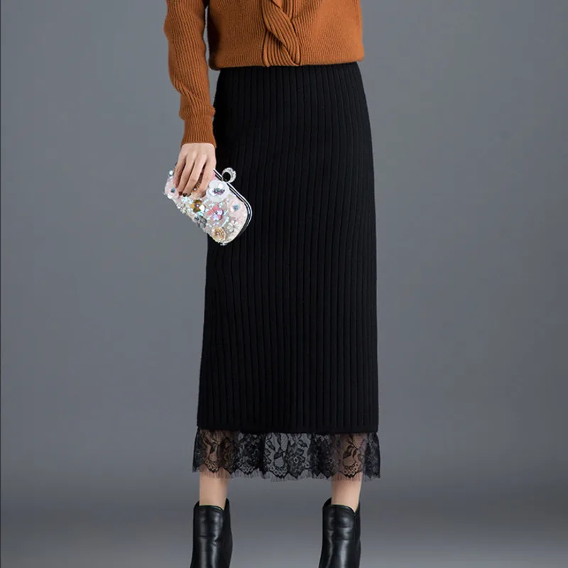 PEONFLY элегантная женская черная сплит обтягивающая юбка-карандаш средней длины юбки Повседневные кружевные трикотажные юбки с высокой талией женские s Jupe Femme