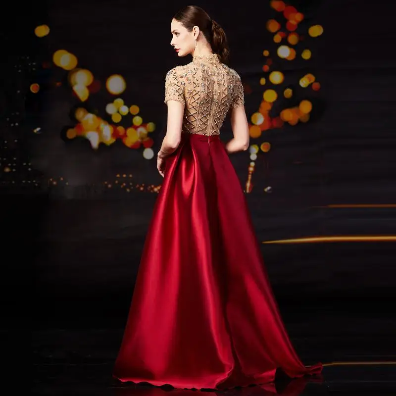 Красные платья для выпускного трапециевидный топ с рукавами и бисером Vestidos De Graduacion Largos Vestido De gala - Цвет: Красный