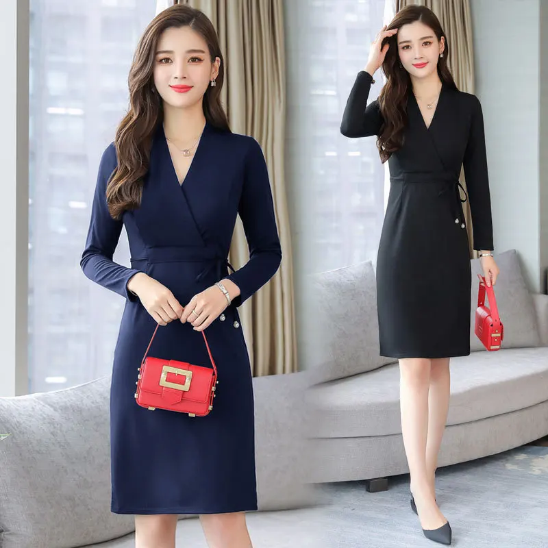 

2018 Autumn And Winter New Style Korean-style Slimming Smart Large Size Business Dress Long Sleeve Mid-length Thick Black Dress