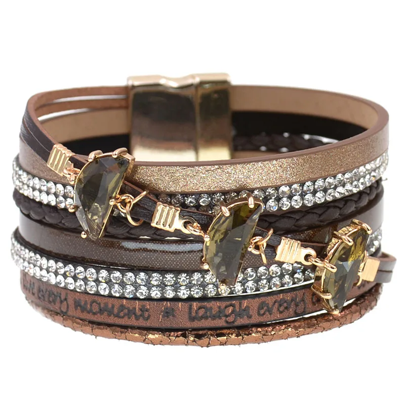 Leather Bracelet women Trendy glass Rhinestone Crystal Femme charm Bracelets & Bangles wrap bracelets For Women Jewelry