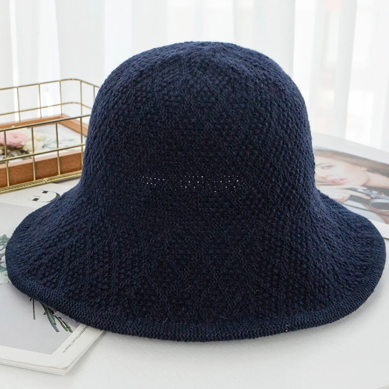 HT2769 осенне-зимние шапки для женщин, женская однотонная вязаная шапка, Женская Повседневная складываемая Панама, женская шапка с широкими полями, Рыболовная Шапка-ведро - Цвет: Navy Blue