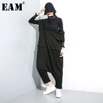 

[EAM] Loose Fit Women Black Pocket Split Big Size Jumpsuit New High Waist Pocket Stitch Pants Fashion Spring Autumn 2020 1K031