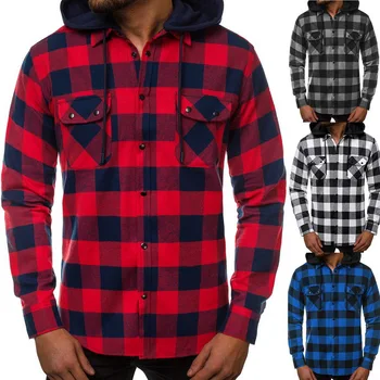 

2020 New Men's Plaid Shirt Spring Male Slim Fit Hoody Shirts Outcoat Pockets Hooded Long-sleeved Casual Shirts Blouse Streetwear