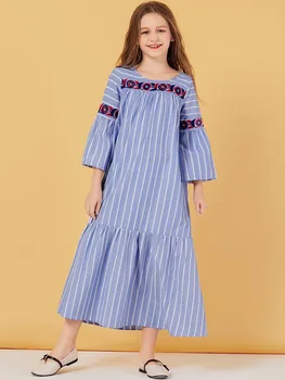 

Blue stripe floral embroidery flare sleeve long dress for kids girl princess Muslim girl leisure long dresses 6 8 10 12 years